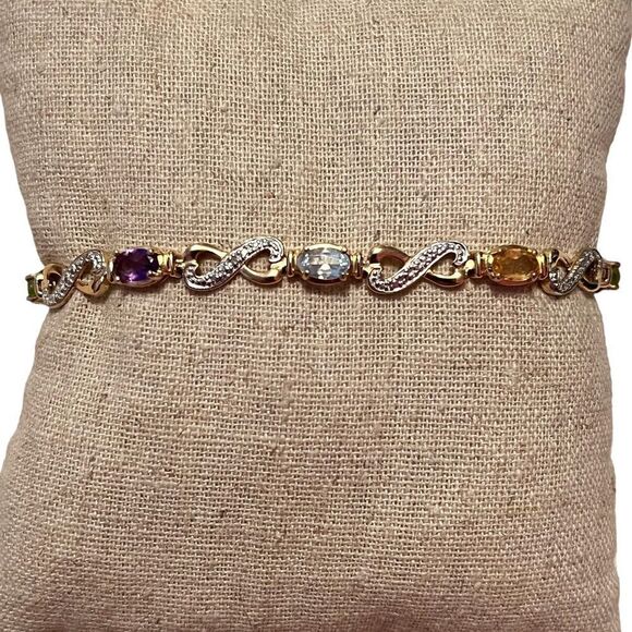 Gorgeous Multi Gemstone Gold Over Sterling Silver Tennis Bracelet - Picture 1 of 10